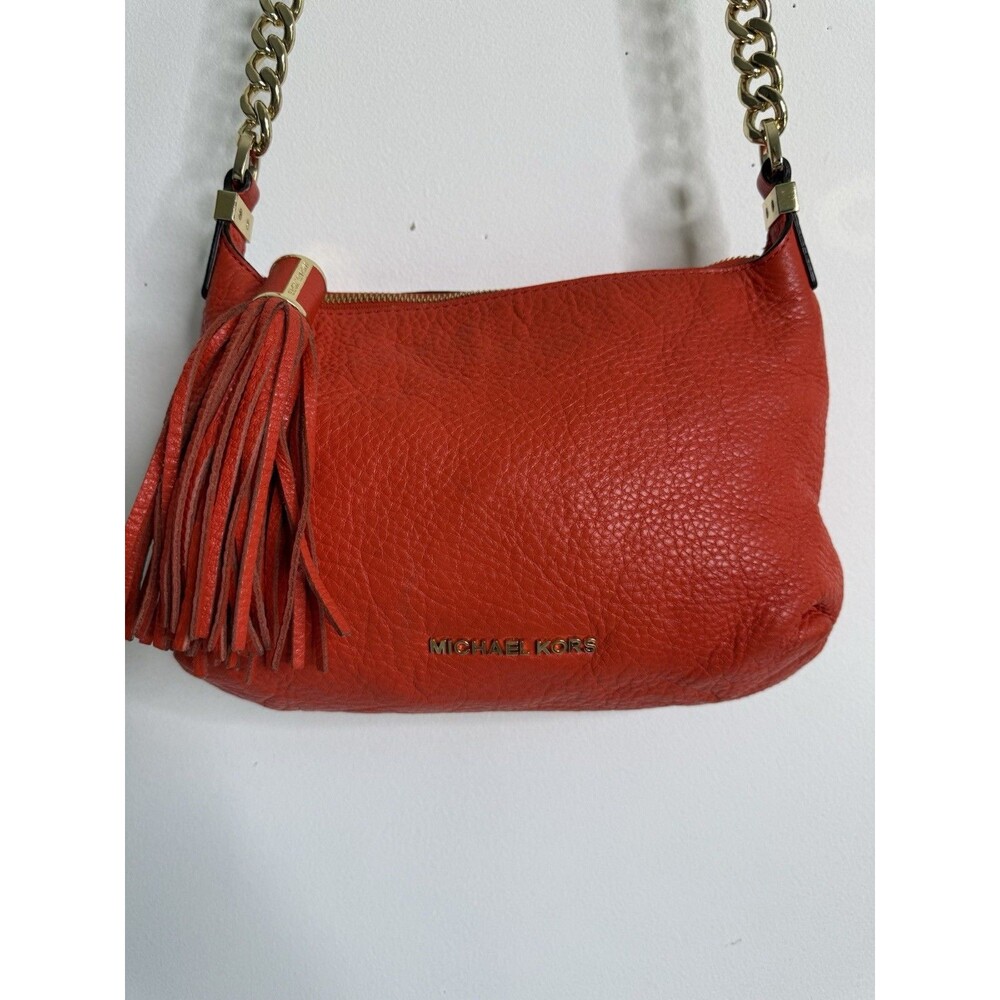 Michael Kors Orange Leather Shoulder Bag Gold Chain Tassel Zip Hobo Purse